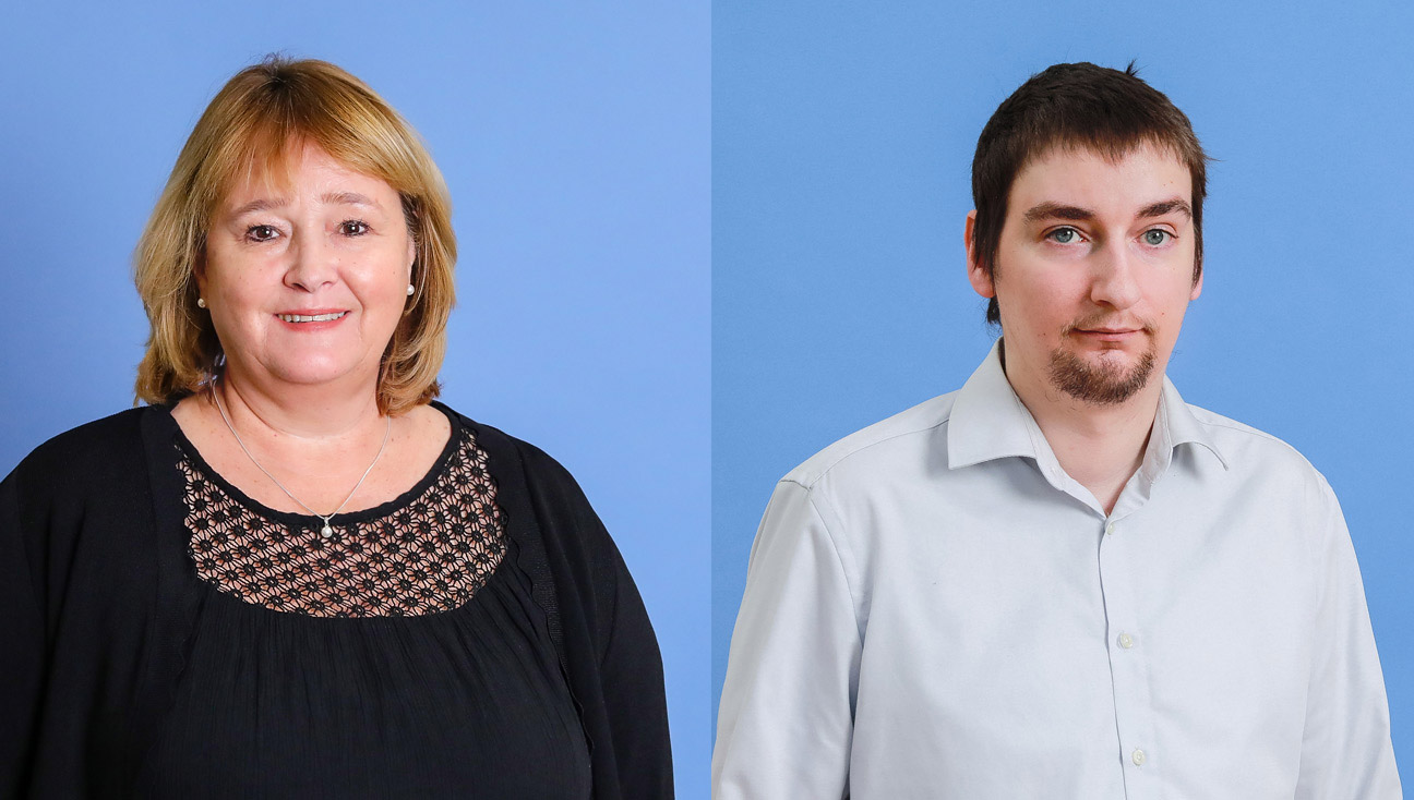 Two individuals posing for portraits against a solid blue background, one woman and one man.