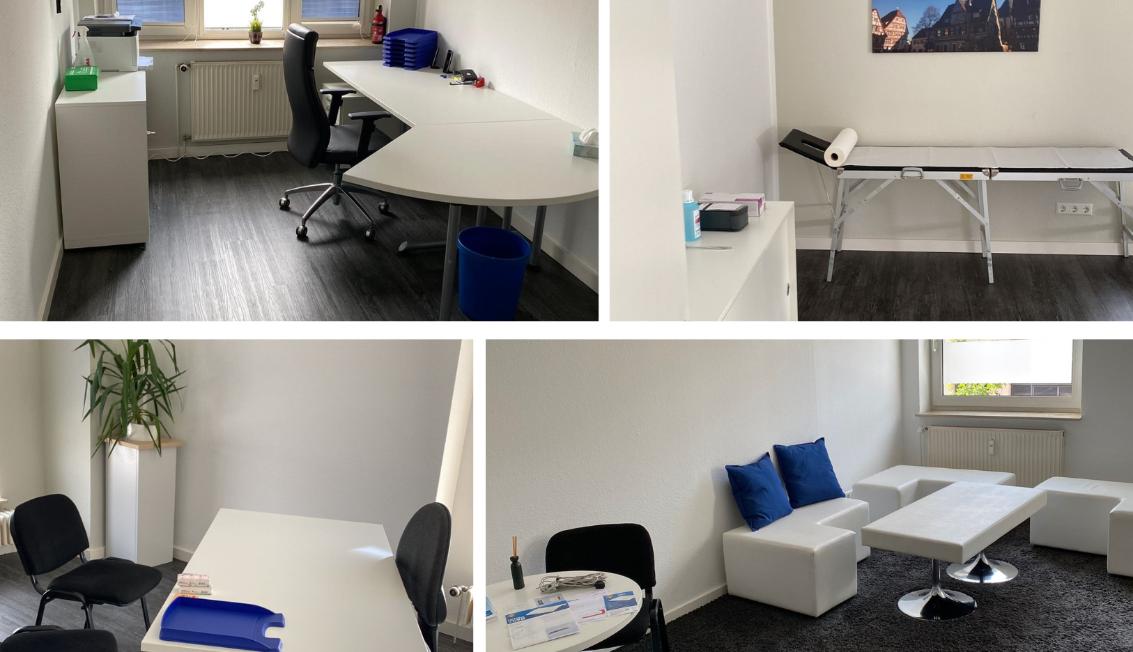 Interior view of a modern office featuring desks, chairs, and a treatment table.