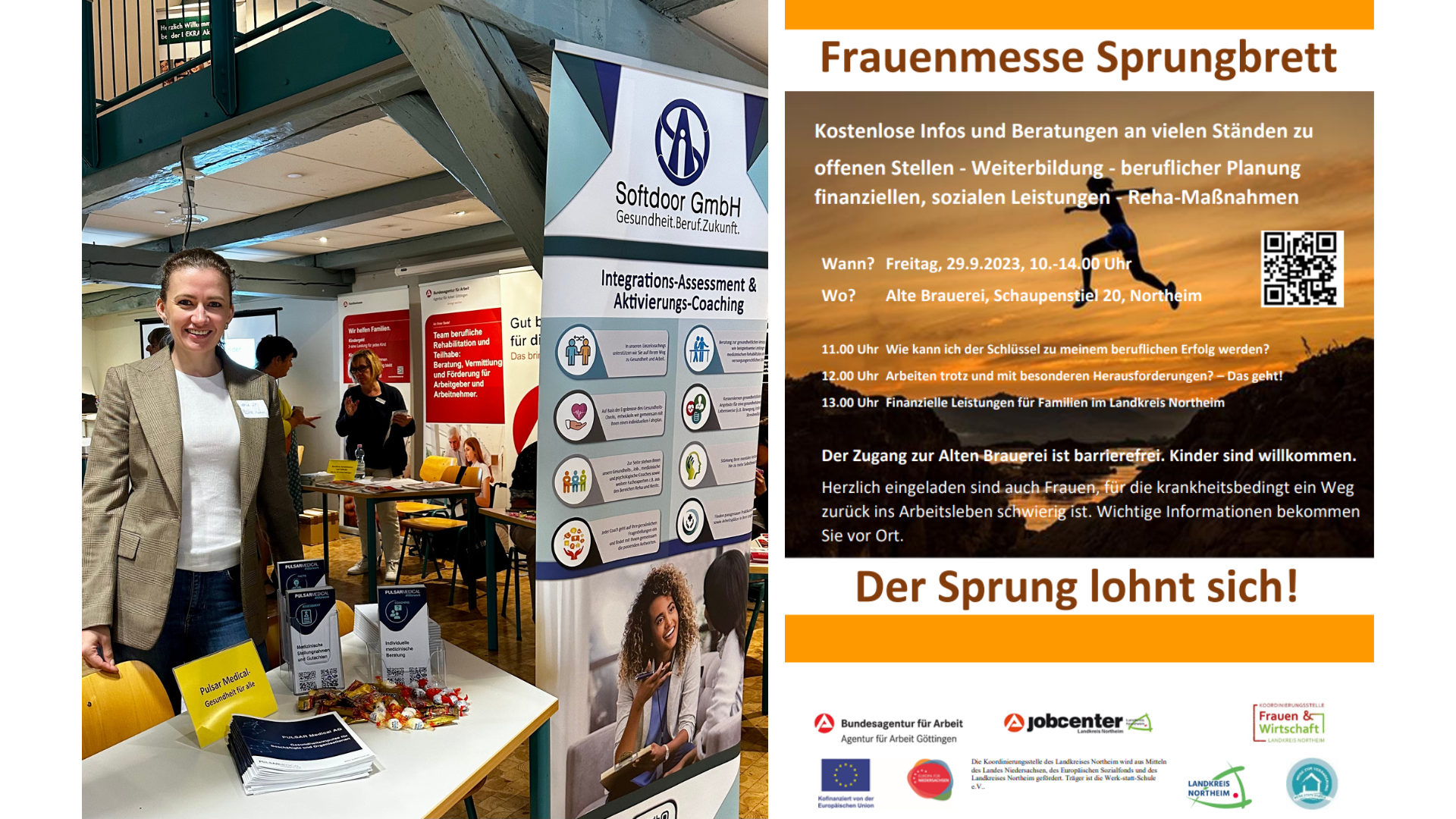 Grafik zeigt sowohl ein Plakat der Frauenmesse Sprungbrett vom 29.09.2023 als auch ein Foto von Frau Dr. Sabrina Zolg auf der Messe.