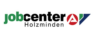 Logo of Jobcenter Holzminen featuring text and geometric shapes in green, black, and red.