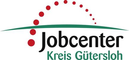 Logo of Jobcenter Kreis Gütersloh featuring text and a graphic design element.