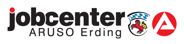 Logo of Jobcenter Erding featuring text and graphic elements including a horse and a red triangle.