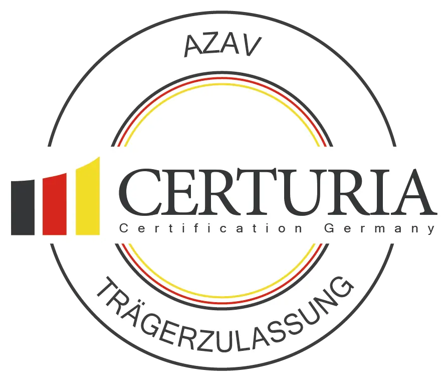 Siegel von Certuria zur AZAV Trägerzulassung mit den Farben Schwarz, Rot und Gelb.